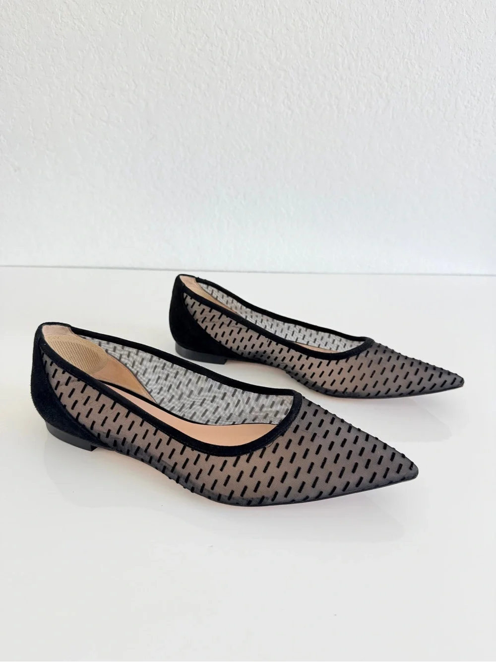 Stuart Weitzman Black Pointed Mesh Flats with Dotted Pattern